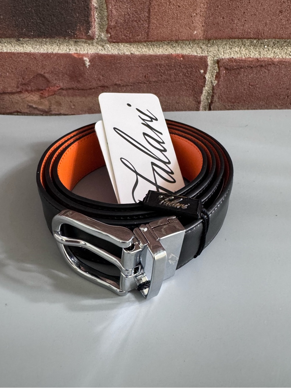 Falari Men’s Genuine Leather Belt Black Orange Buckle M (34-36) NEW